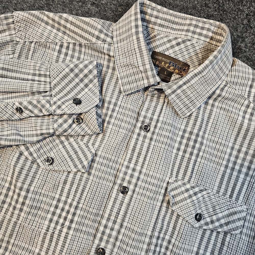 Pronto Uomo Blue Mens Large Plaid Button Down Dress Shirt Cotton Long Sleeve